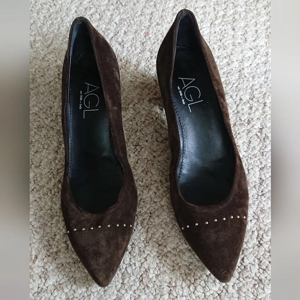 AGL Brown Suede leather Pumps with decorative gold studs size 7.5